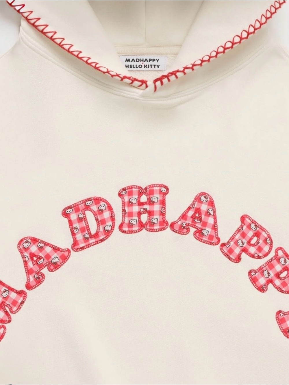Madhappy Cream Hoodie with Hello Kitty Red Gingham Logo
